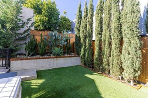 Un jardin bien entretenu, avec une pelouse, des cactus et de grands arbres.