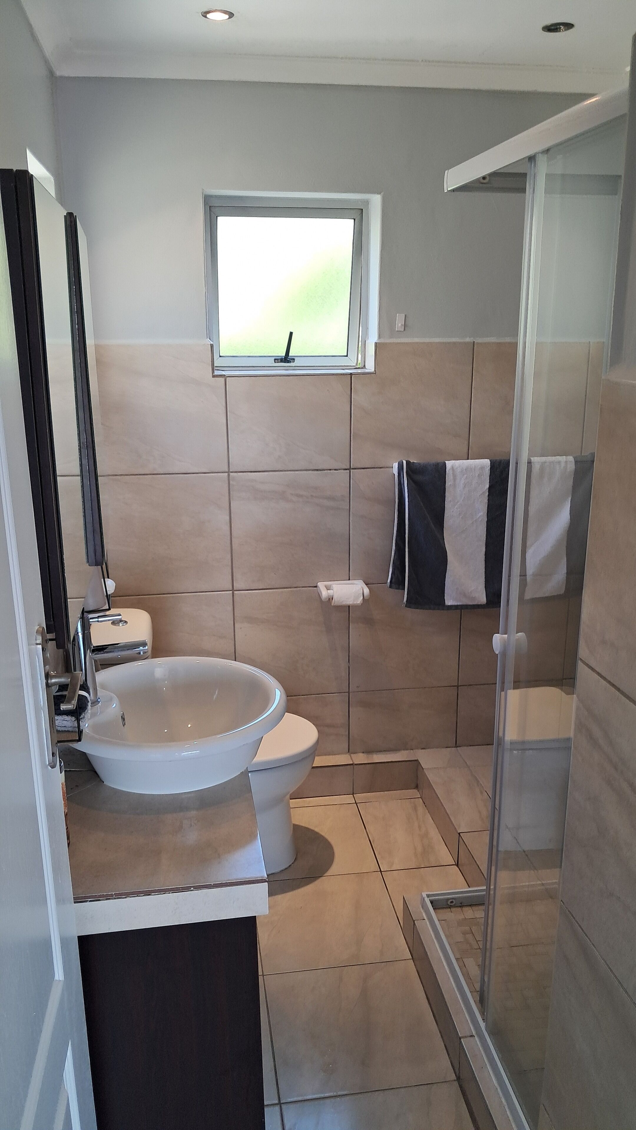 Secadora de cabello, toallas, jabón, papel de baño 