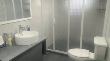 Shower, bidet, towels, soap