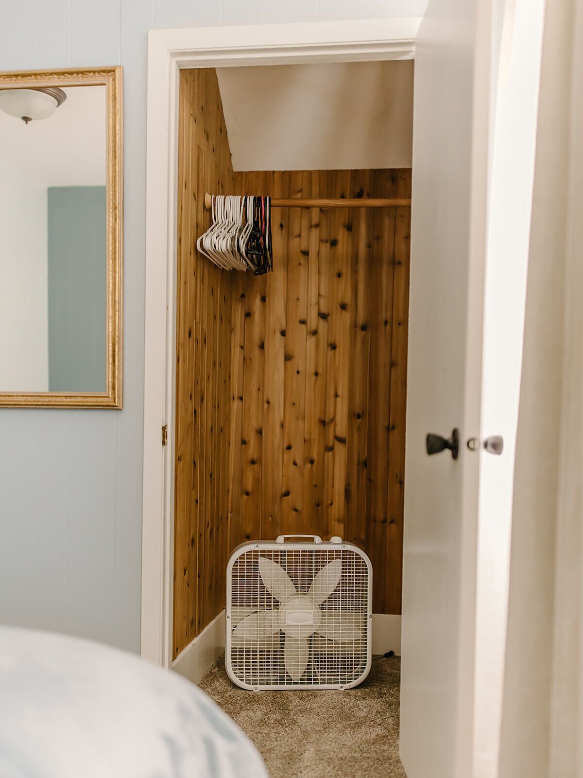 Et værelse med et træskab, en hvid dør, et spejl og en hvid ventilator.