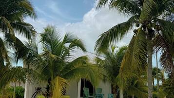 Un resort con palmeras, piscina y un edificio con terraza cubierta.