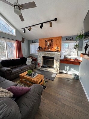 Smart TV, lareira, videogames, livros