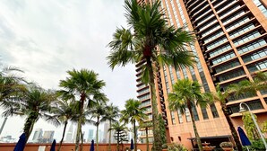 Zwembad met palmbomen, ligbedden en een hoog gebouw op de achtergrond.