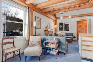 A cozy living room with a wooden ceiling, a sofa, a chair, a lamp, and a bookshelf.