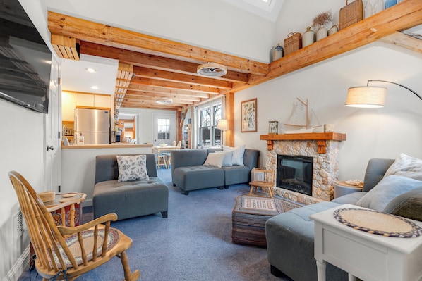 TV connectée, cheminée, livres, chaîne hi-fi