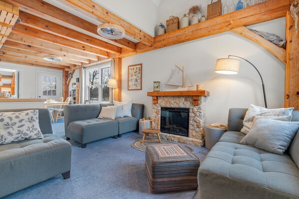 Smart TV, fireplace, books, stereo