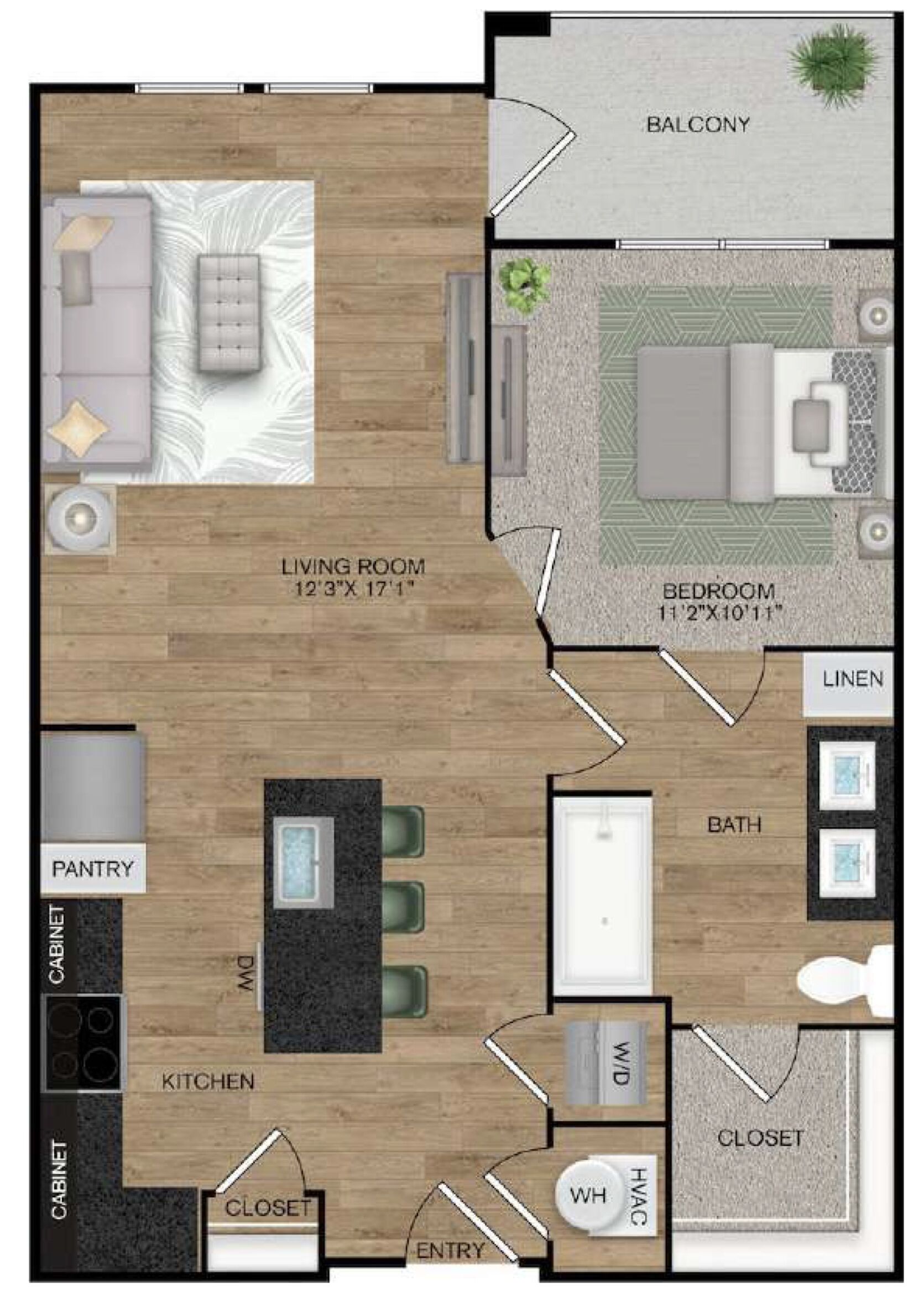 A floor plan of an apartment with a living room, balcony, bedroom, kitchen, bathroom, and two closets.
