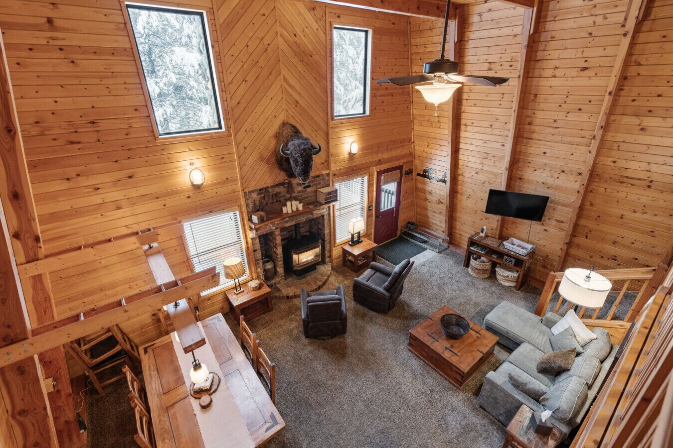 Smart TV, fireplace, table football, books