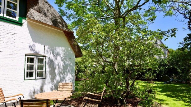 Ein weißes Gebäude mit einem Strohdach, einem Holztisch mit Stühlen und einem Baum im Hintergrund.