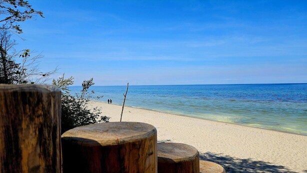 A beach with clear water, wooden posts, and a few people walking.