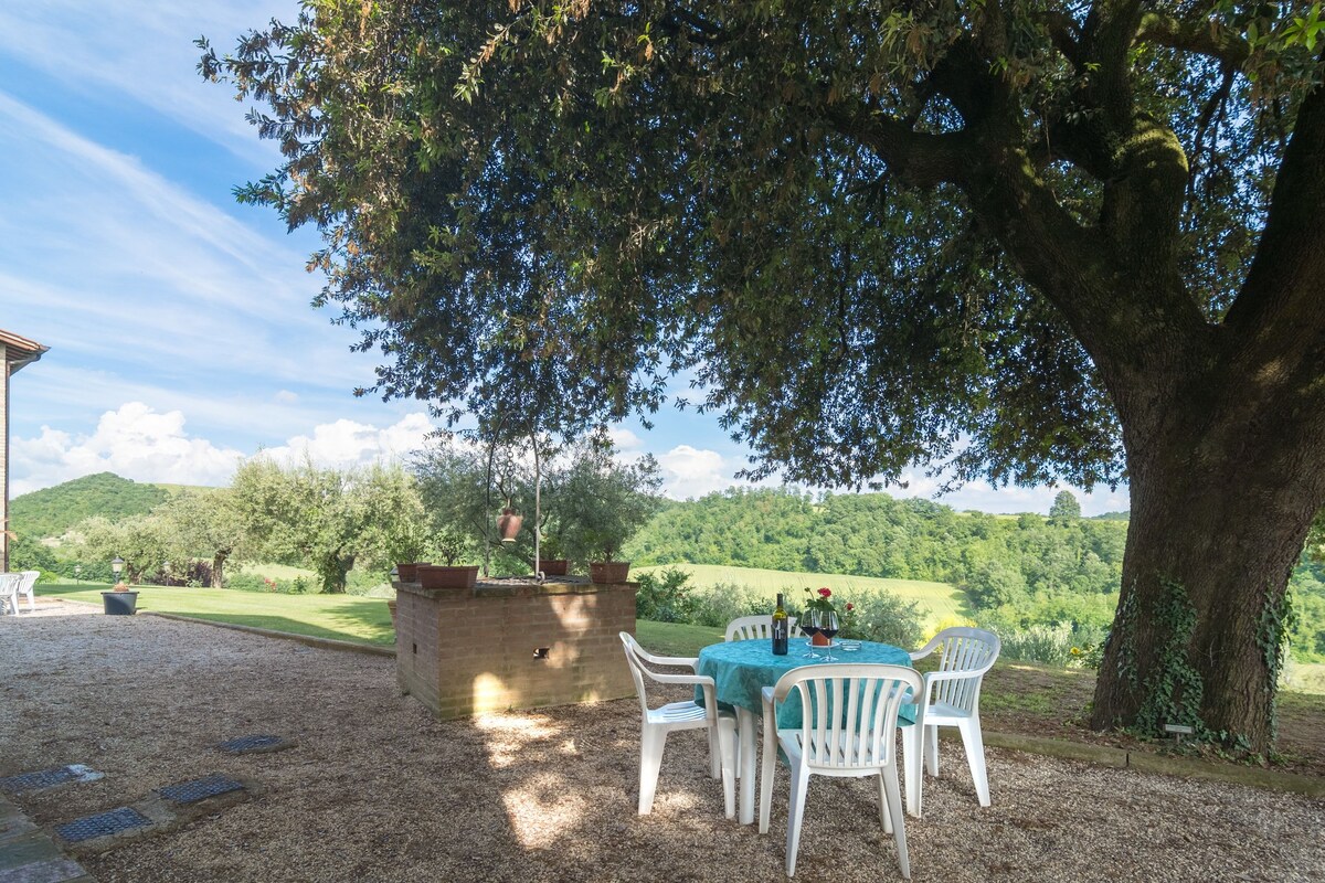 A table set outdoors with chairs, a brick wall, and a large tree providing shade.