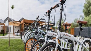 Weiße Fahrräder mit orangefarbenen Rädern stehen auf der Wiese.
