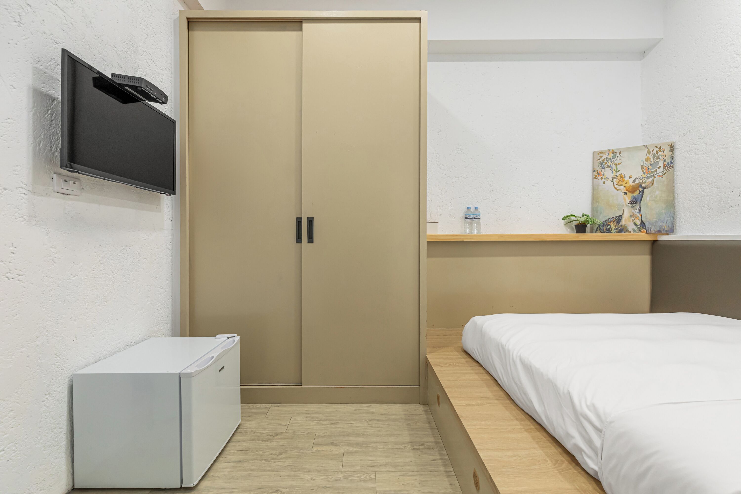 A bedroom with a bed, a wardrobe, a TV mounted on the wall, and a shelf with a painting and a plant.