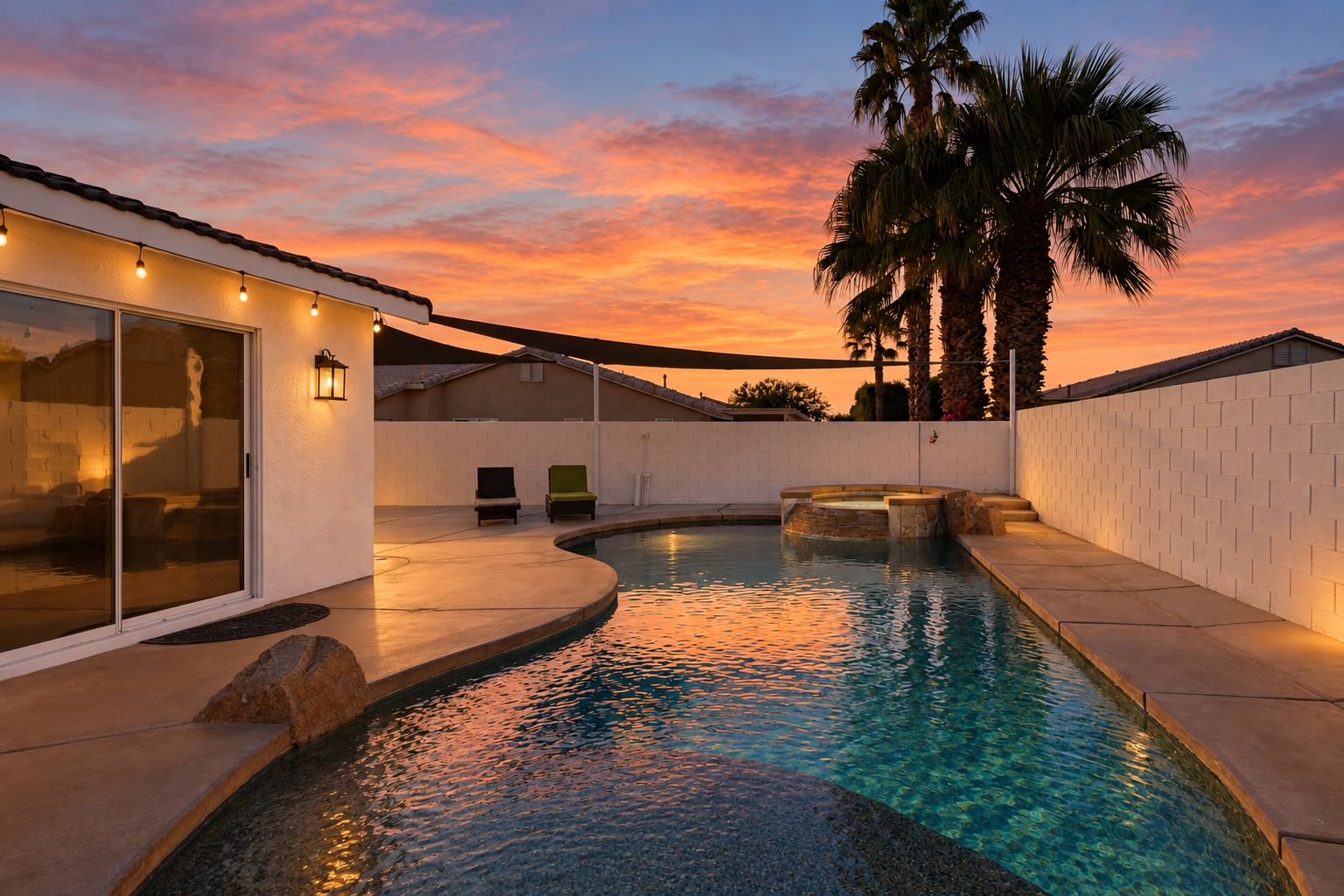 A swimming pool with a curved design, surrounded by a white wall and palm trees, under a sunset sky.