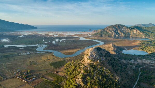 An aerial view of a coastal landscape with a river, fields, and a mountainous backdrop.
