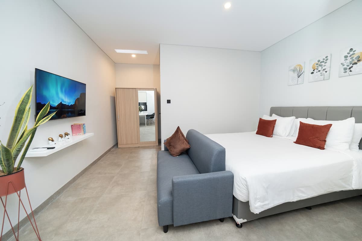 Een moderne hotelkamer met een groot bed, een grijze bank, een televisie aan de muur en een plant.