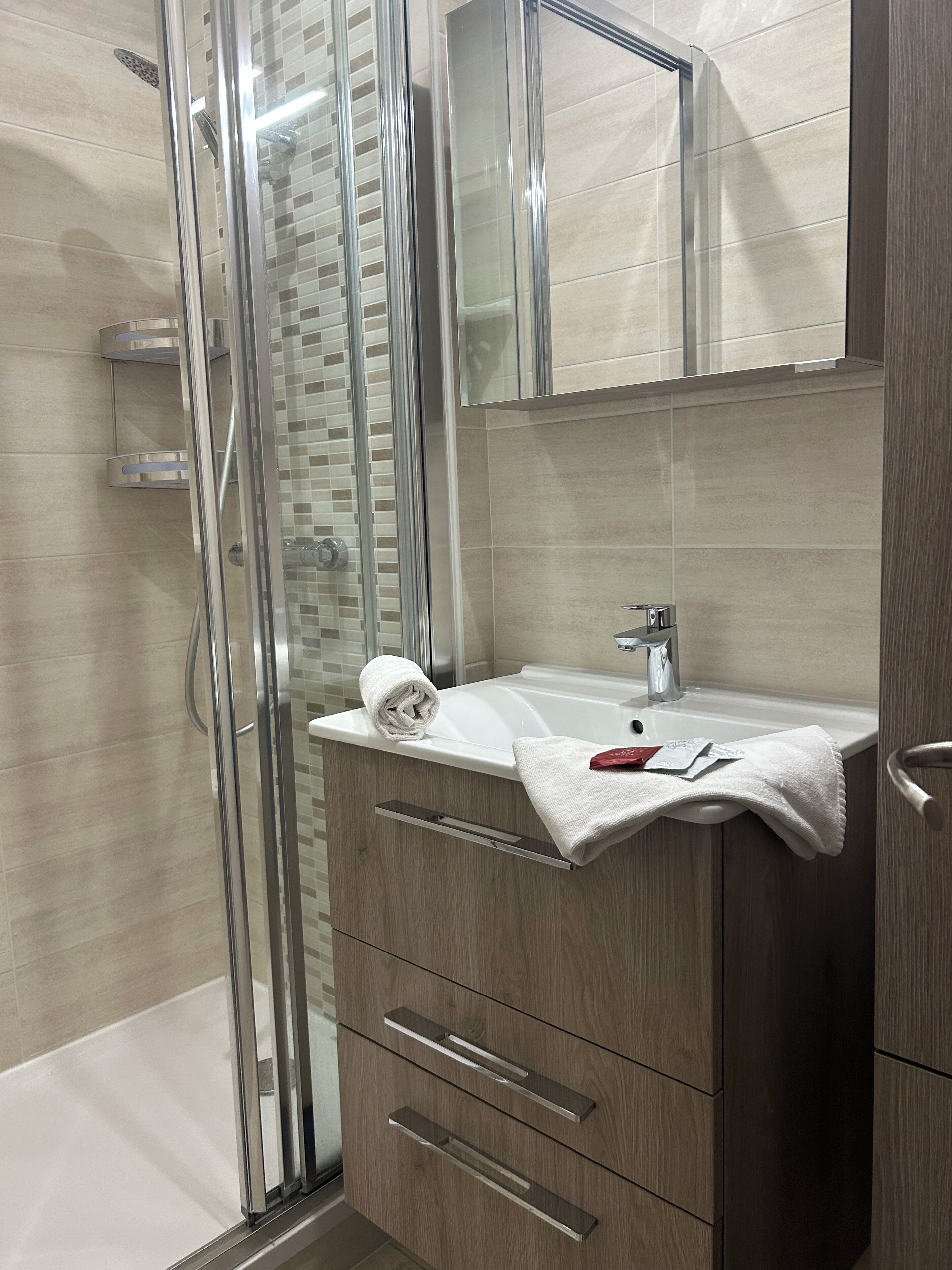 Secadora de cabello, toallas, papel de baño 