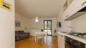 Eine kompakte Küche mit Gasherd, einem Esstisch mit Stühlen, einer Couch und einem an der Wand befestigten Fernseher.
