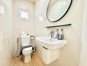 Shower, hair dryer, bidet, towels
