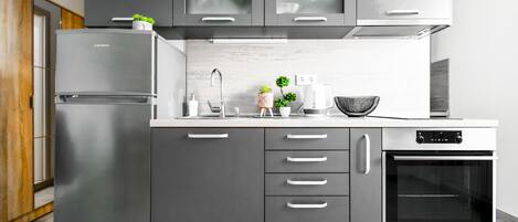 Fridge, oven, stovetop, cookware/dishes/utensils