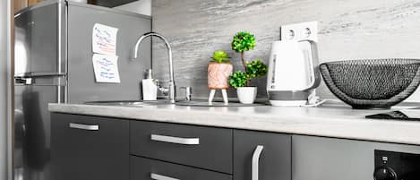 Fridge, oven, stovetop, cookware/dishes/utensils