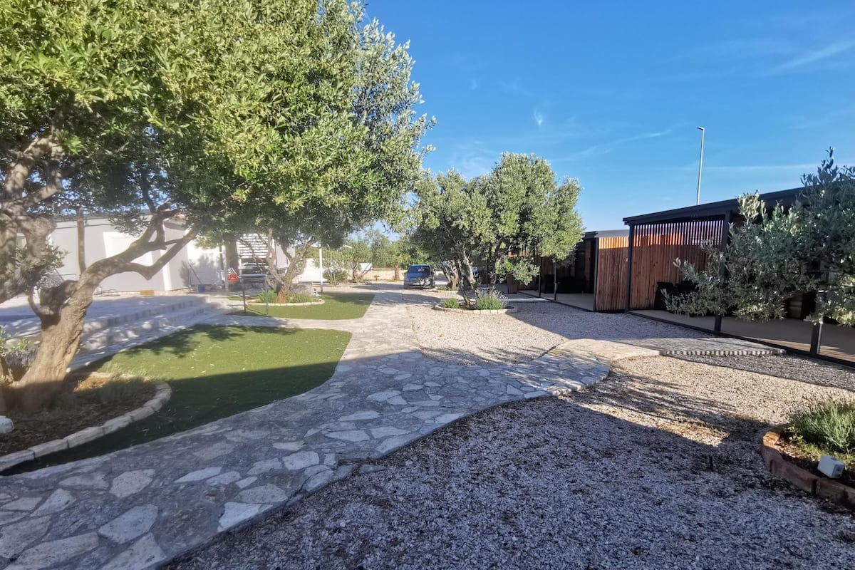 Un camino pavimentado que lleva a un edificio de diseño moderno, rodeado de árboles y una zona de grava.