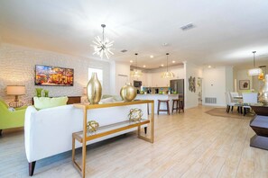 Télévision, cheminée, lecteur de DVD, livres