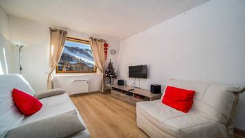 Un salon moderne avec deux canapés, un téléviseur et une fenêtre donnant sur une montagne enneigée.