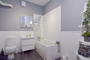 Hair dryer, towels, soap, toilet paper