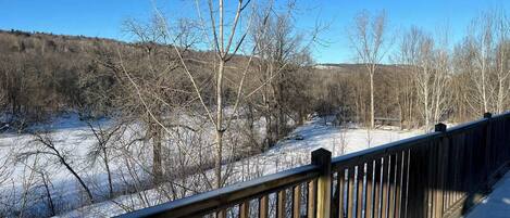 A wooden deck overlooking a snowy landscape with bare trees and a clear sky.
