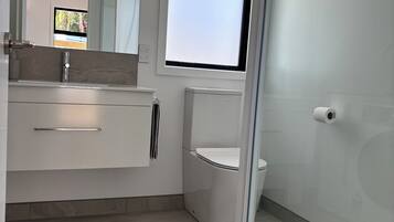 Shower, eco-friendly toiletries, hair dryer, towels