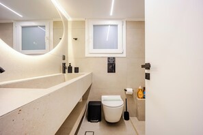 Shower, hair dryer, bidet, towels