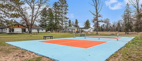 A tennis court with a net, surrounded by trees and houses.
