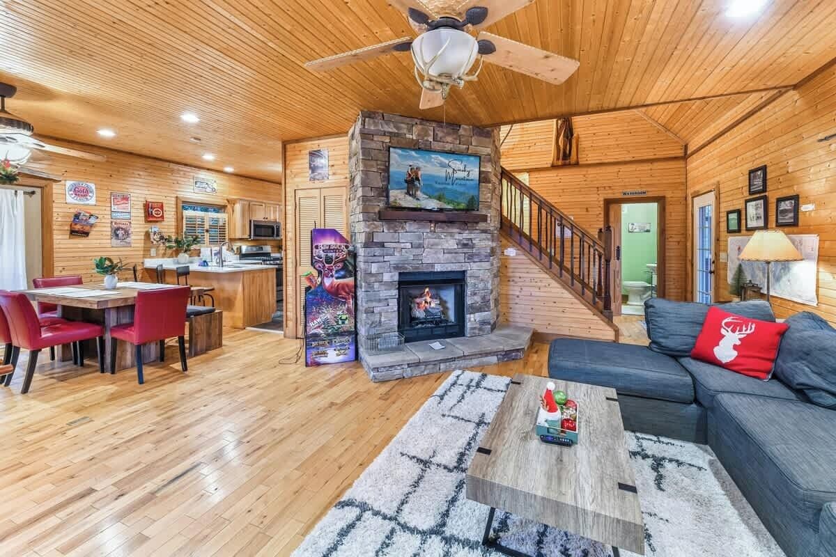 TV, fireplace, foosball, offices