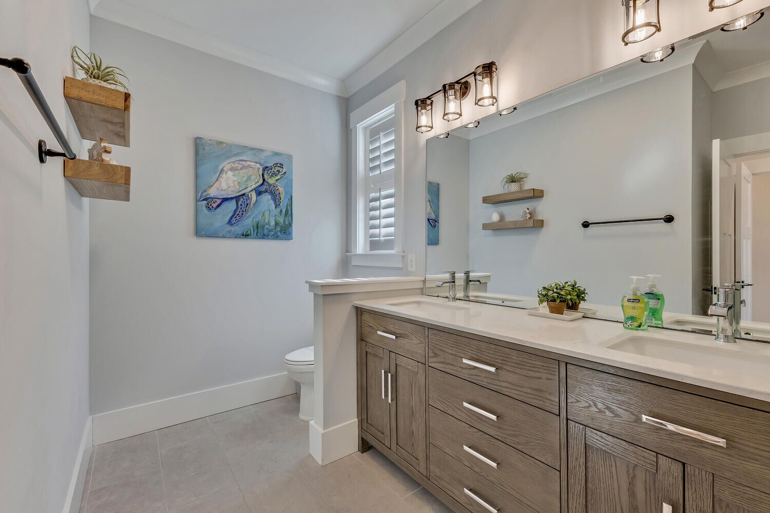 A modern bathroom with a wooden vanity, a large mirror, and a painting of a turtle.