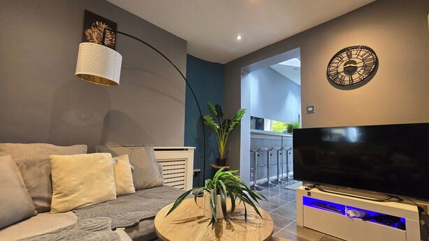 A modern living room with a grey sofa, a wooden coffee table with plants, a flat-screen TV, and a bar area with stools.
