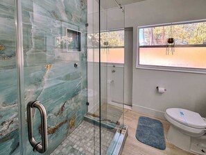 Shower, hair dryer, shampoo