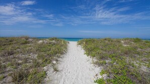 En sti af sand, der fører ned til en strand med klare blå himmel og sparsom vegetation.
