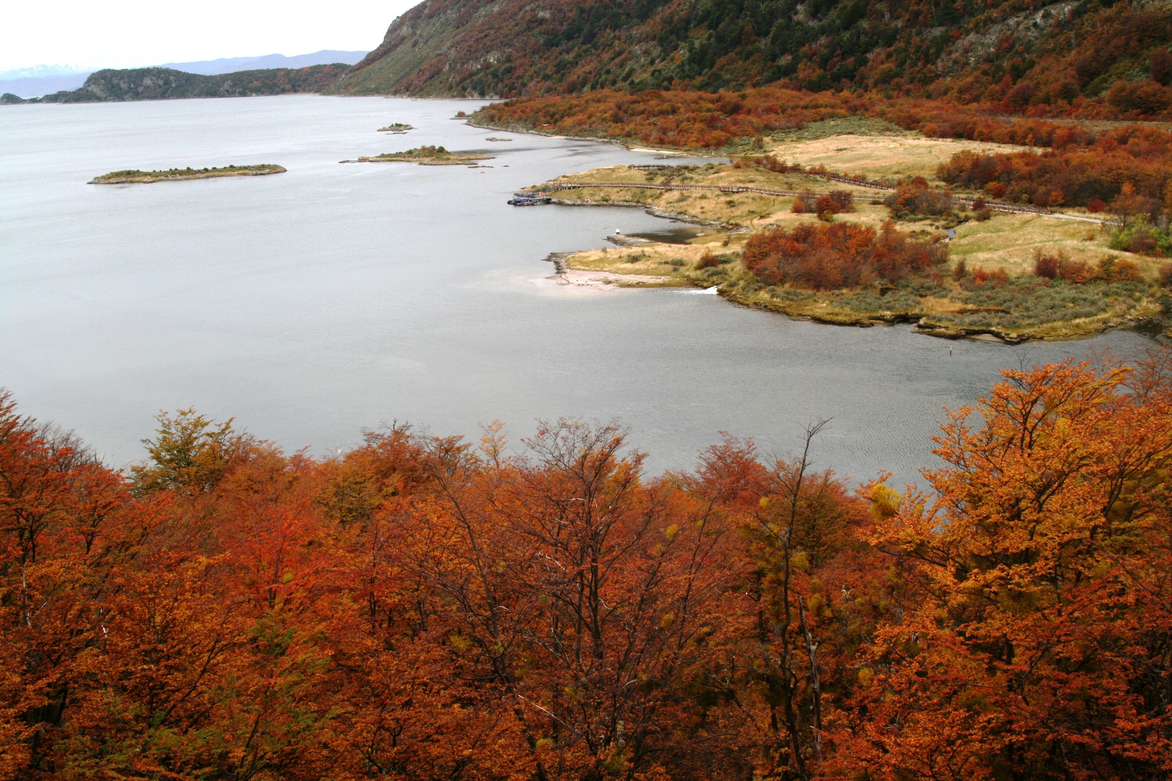 Un río con islas, rodeado de árboles y colinas de colores otoñales.