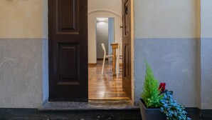 Un couloir avec une porte en bois, une plante en pot aux fleurs rouges et une chaise blanche.