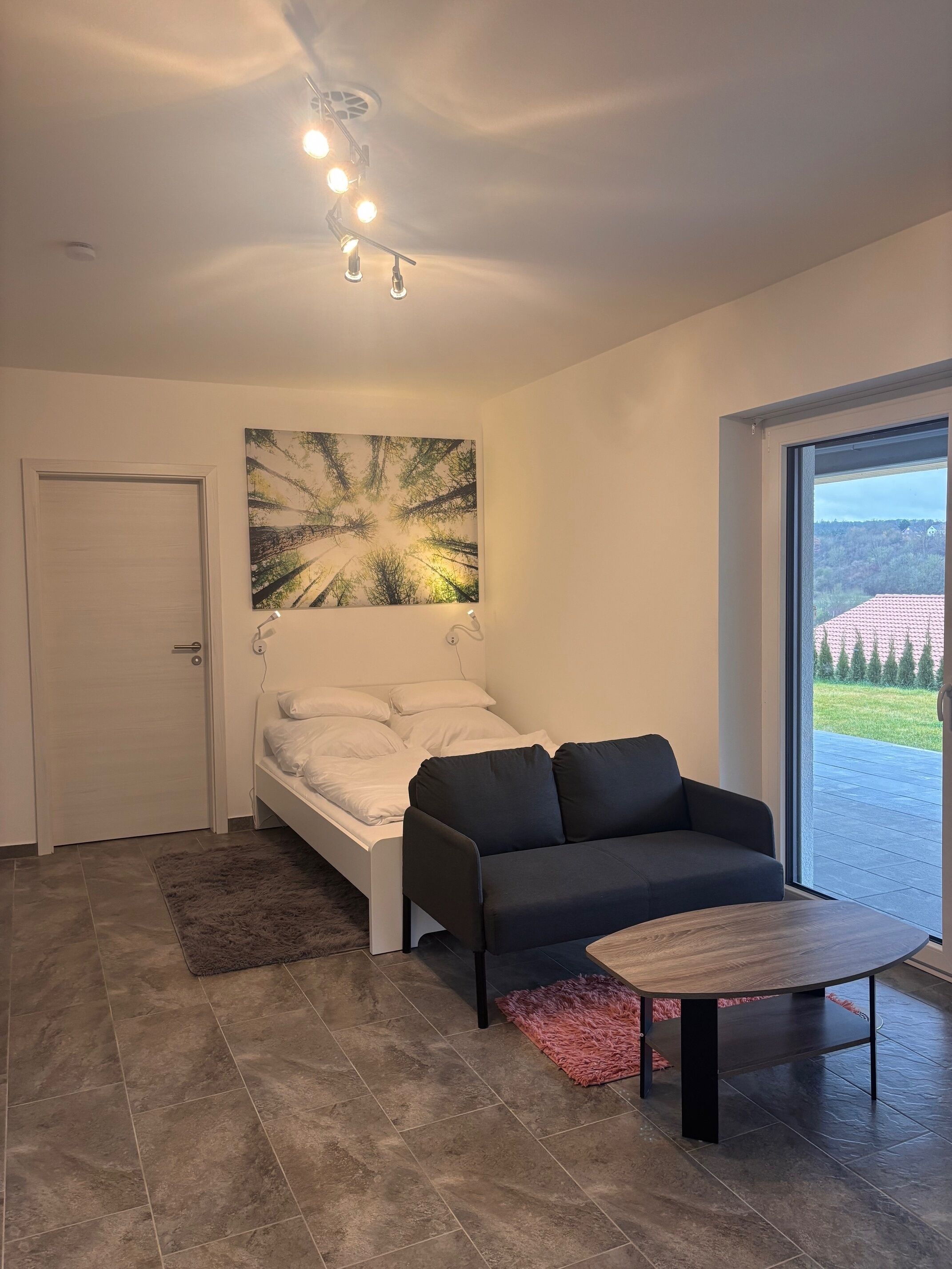 1 habitación, escritorio, tabla de planchar con plancha y cuna de viaje 