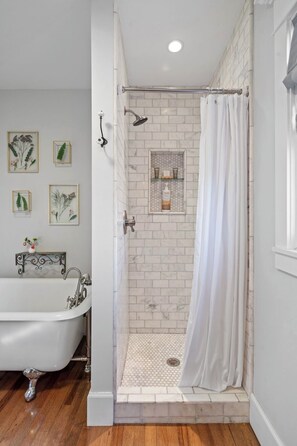 Shower, hair dryer, towels, soap