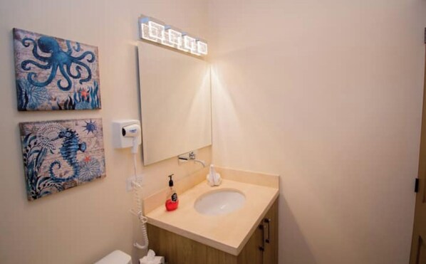 A bathroom with a sink, mirror, and two wall-mounted paintings.