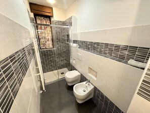 Douche, sĂšche-cheveux, bidet, serviettes fournies