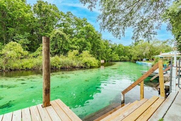 A wooden dock extending over a river with clear water, surrounded by lush greenery and trees. - Beautiful Weeki Wachee river house with kayaks, slide, and river views (Spring Hill)