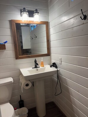 Chuveiro, secador de cabelo, toalhas de banho, sabonete