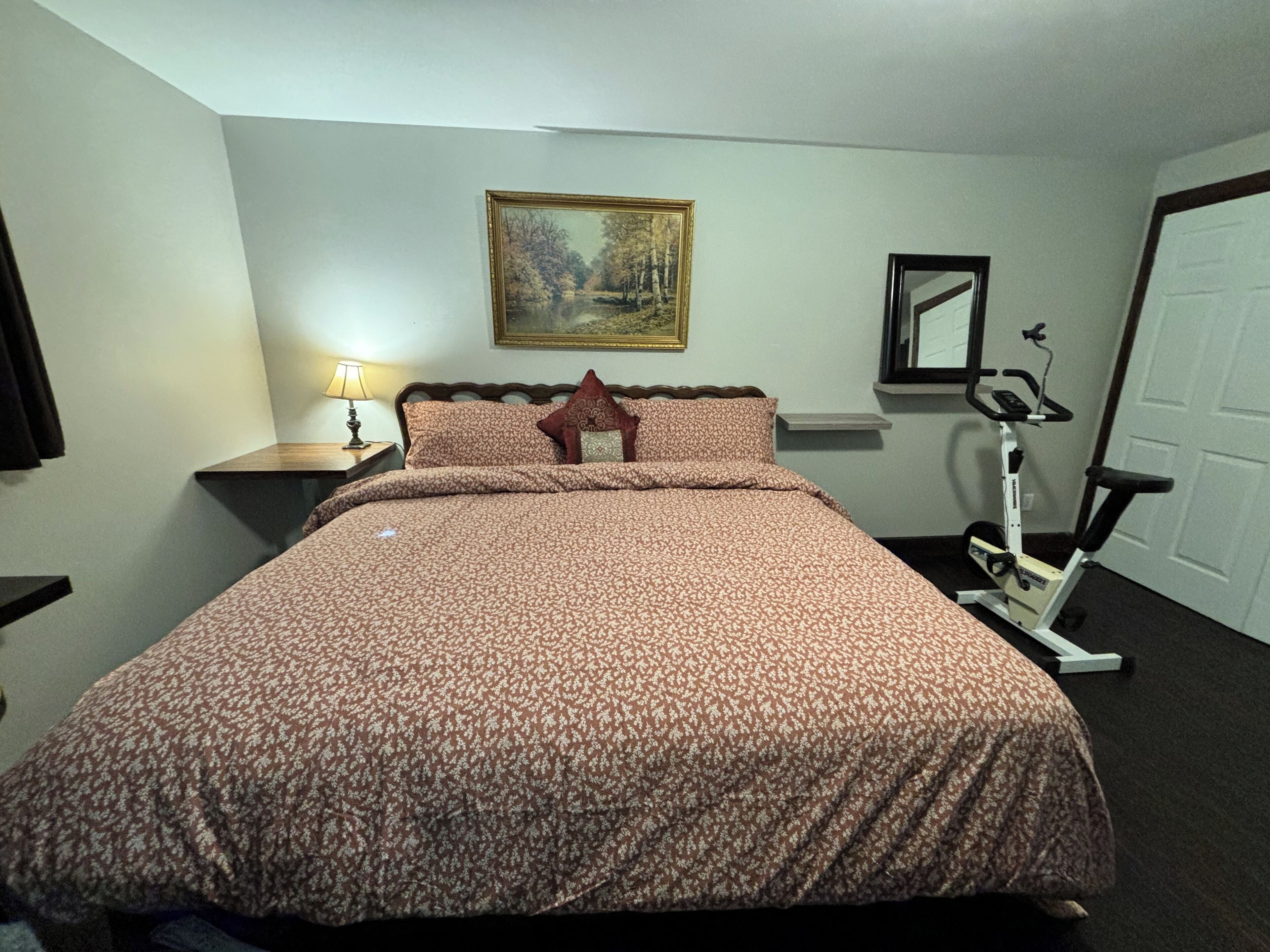 A bedroom with a bed, a nightstand with a lamp, a painting on the wall, a mirror, and an exercise bike.