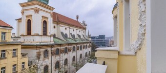 Chic Navy Studio with Balcony & Church View