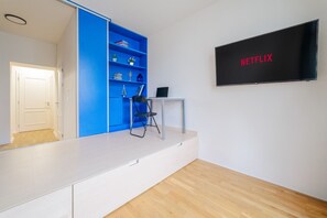 Interior - Chic Navy Studio with Balcony & Church View (Prague)