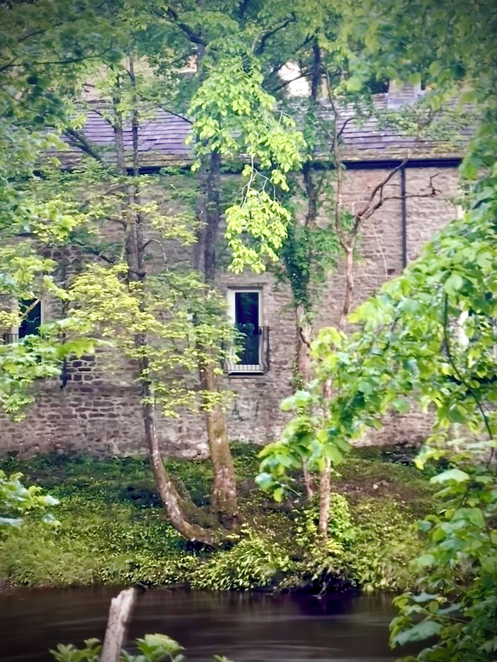 Ein rustikales Steinhaus mit kleinem Fenster, umgeben von üppiger Vegetation und einem Gewässer.